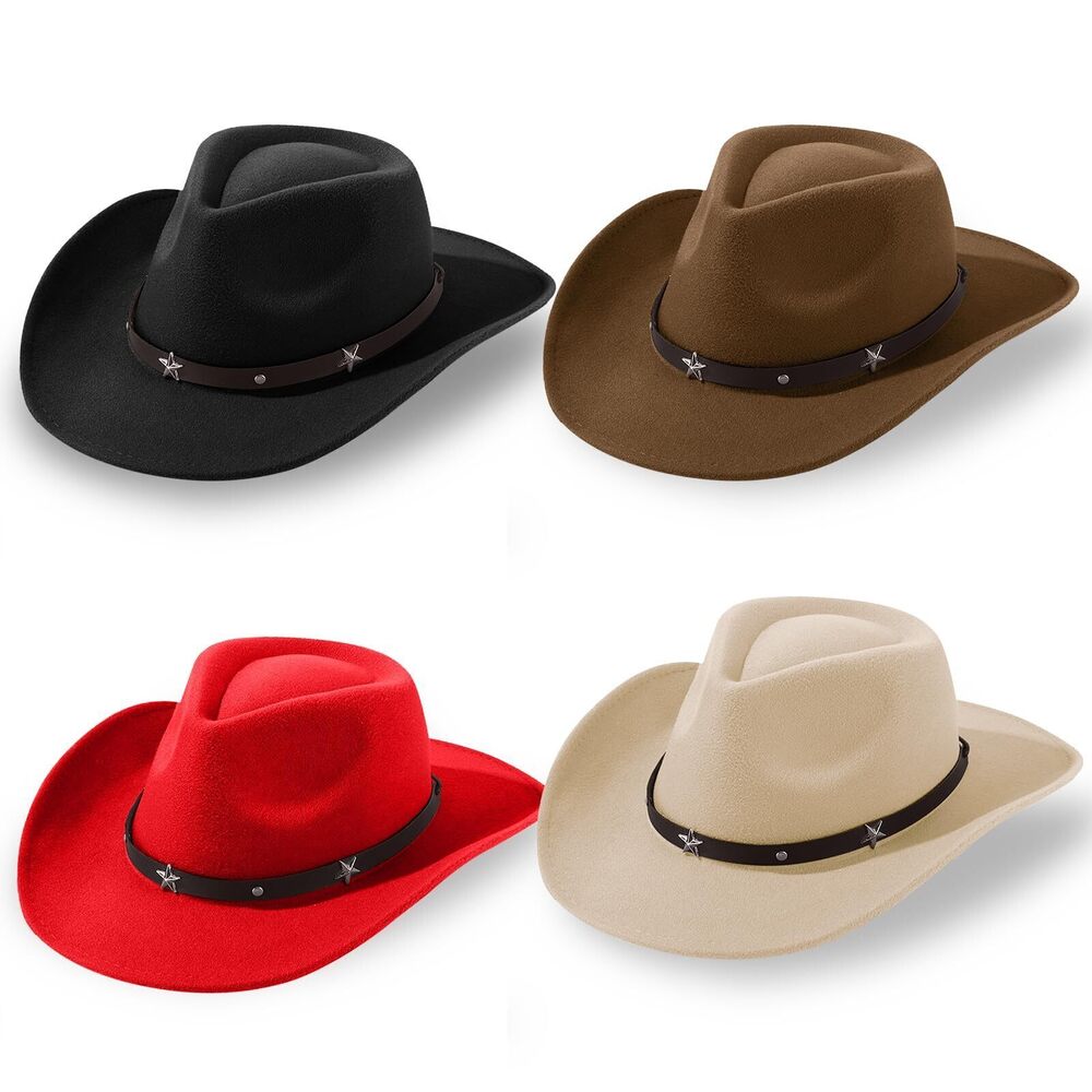 4513 4 Pcs Classic Western Cowboy Hat Felt Wide Brim Cowgirl Hats Belt